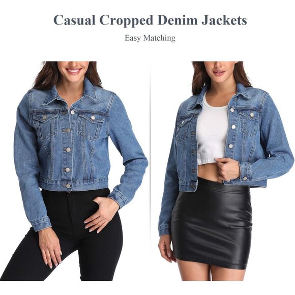Women's Denim Jackets Crop Long Sleeve Button Down Crop Jean with Pockets Blue2 - Picture 6 of 7